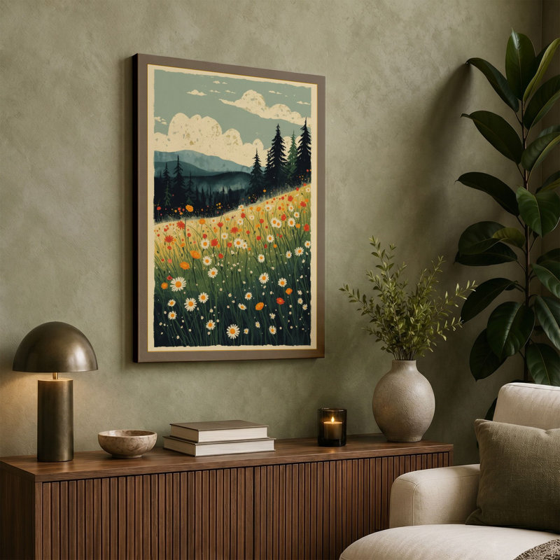 Mountain Meadow Scandinavian 1 Piece Wrapped Canvas Wall Art, 24x16 - 61.0 x 40.6 cm, Terracotta Border