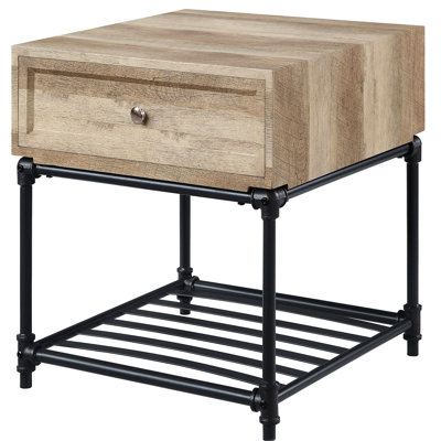 Table de bout industrielle avec fonction de tiroir, finition chêne et sable noir fonctionnelle