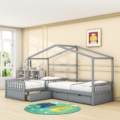 Lit plateforme simple en forme de L avec 3 tiroirs de rangement