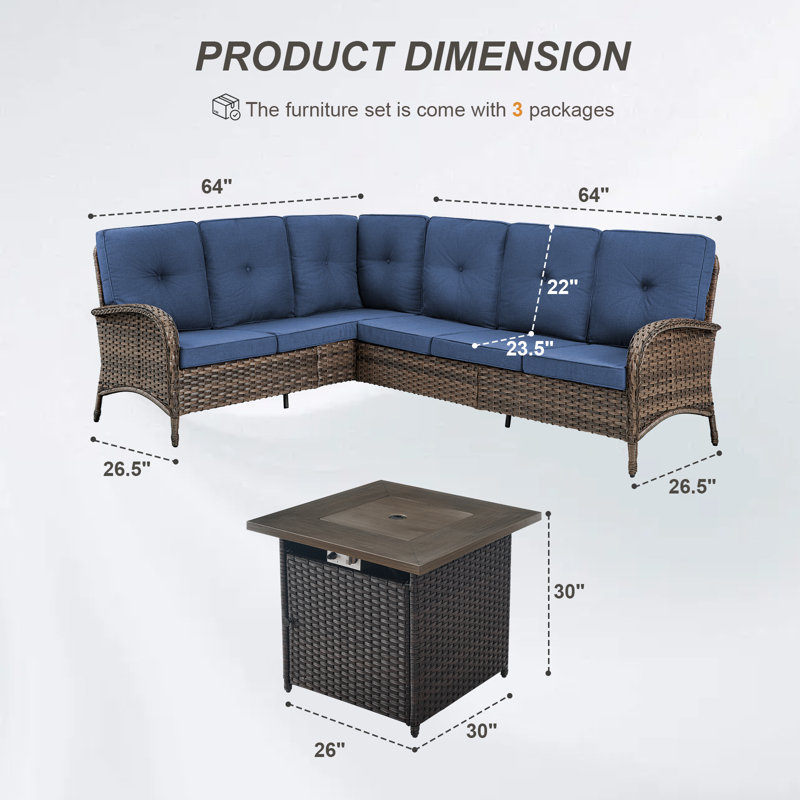 Ensemble de canapé modulaire d'extérieur en L avec table de foyer au propane Valierius, Bleu