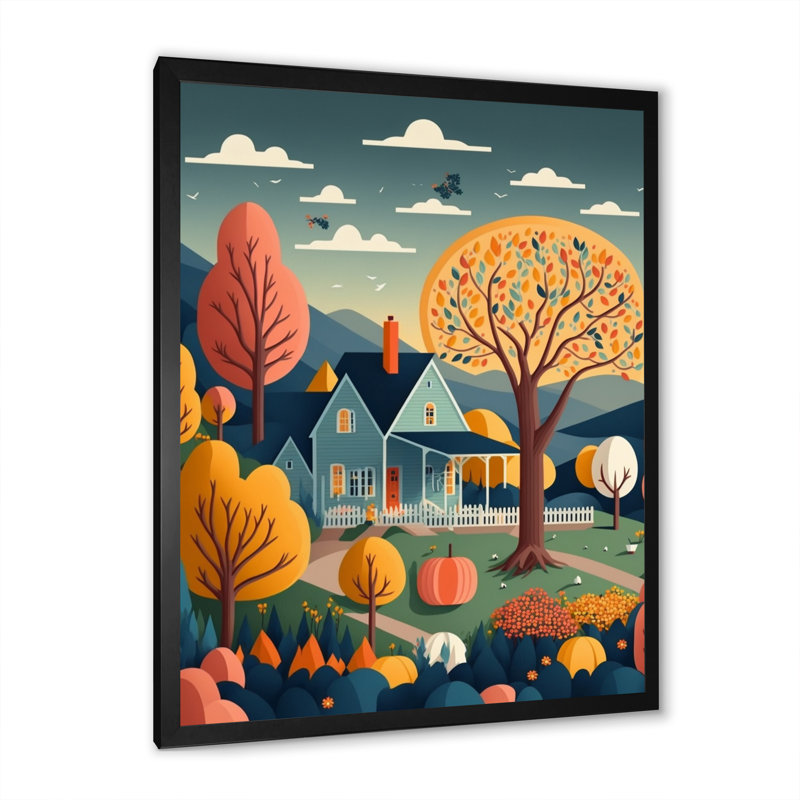 «Graphic Trees with Little House», reproduction sur toile, H 32 po x l 24 po x P 1 po, Impression noire sur toile encadrée
