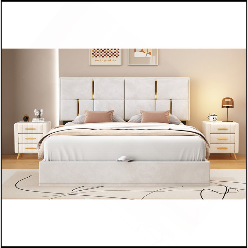 Grand lit plateforme tapissier avec système de rangement hydraulique, sans sommier tapissier, beige