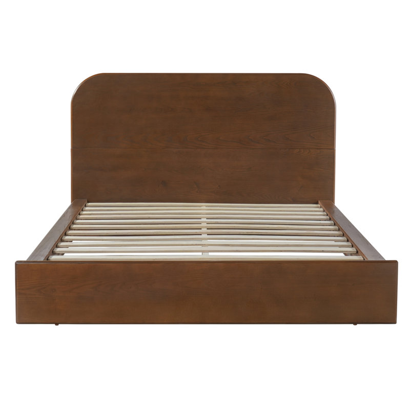 Lit plateforme en bois moderne Delsin avec tête de lit arrondie, structure à profil bas et finition en bois naturel, Walnut