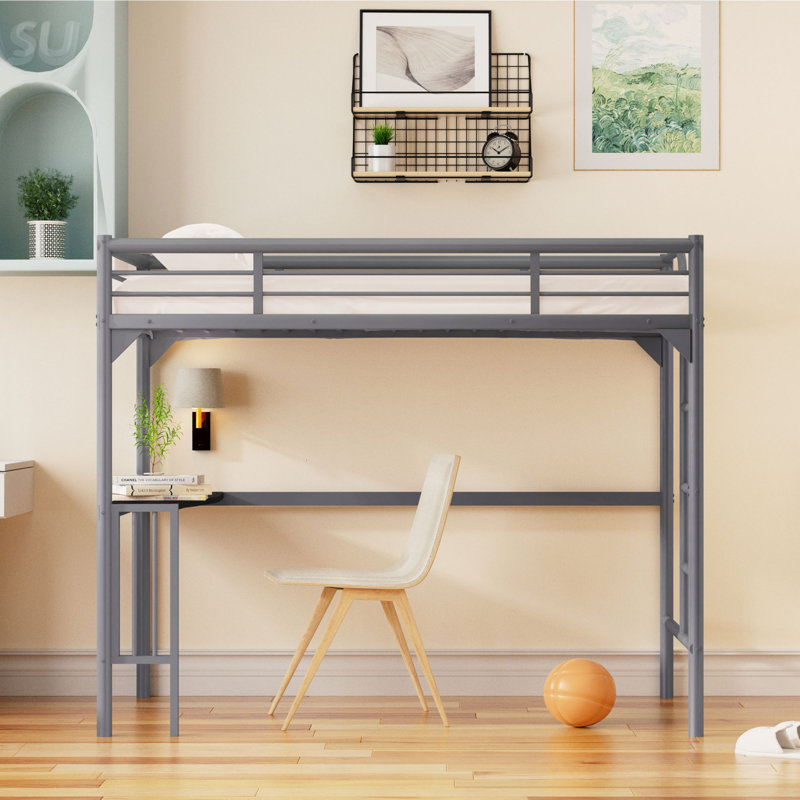Lit mezzanine simple en métal avec bureau, échelle et garde-corps, Argent argent