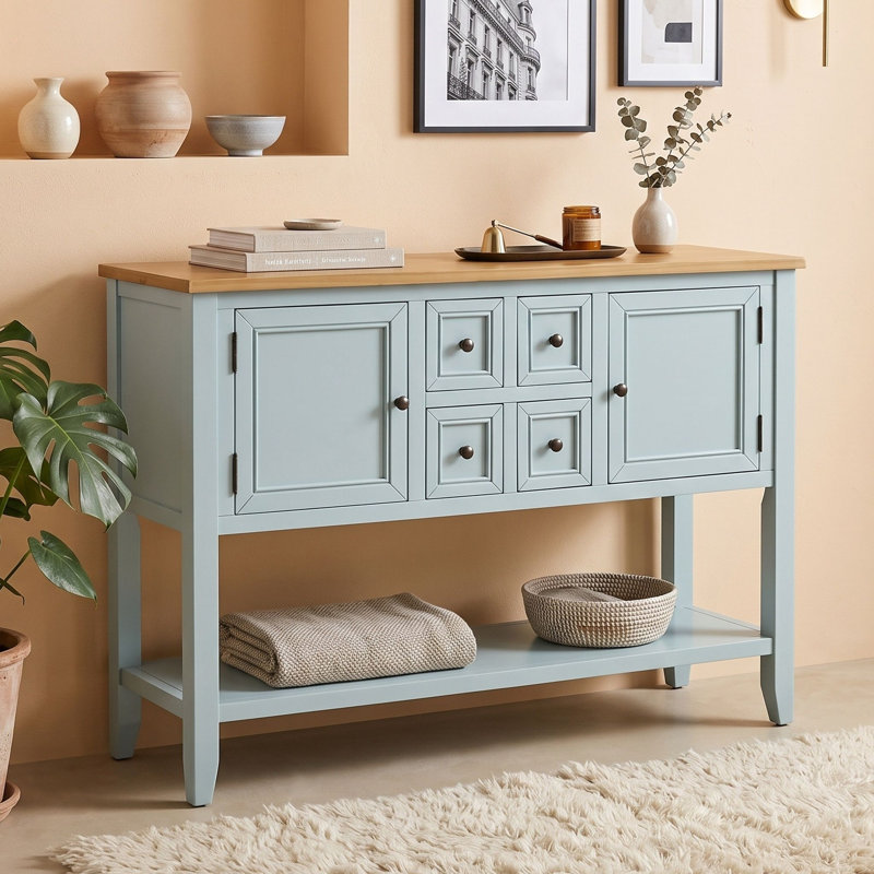 Console rétro avec 4 tiroirs, 2 armoires de rangement, tablette inférieure ouverte et poignées en métal, Lime / blanc