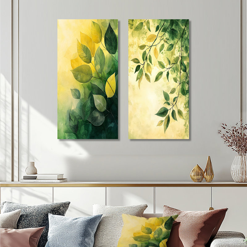 Feuillage vert et jaune, collage de feuilles I - art mural floral 2 panneaux, H 28 po x l 25 po, Toile tendue