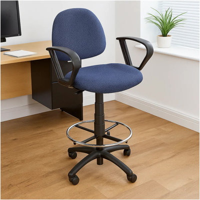 Chaise à dessin Jea, accoudoirs bouclés, tweed bleu, repose-pieds rond