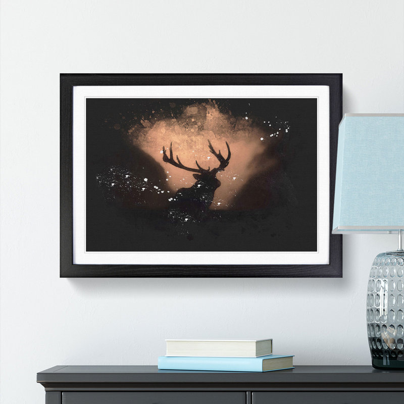 Stag In The Sunset - Picture Frame Graphic Art, Black Framed, 62cm H x 87cm W x 2cm D