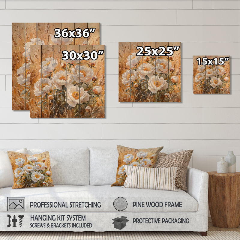 Peonies In The Warm Autumn Field I - Peonies Wood Wall Art - On Natural Pine Wood, 15" H x 15" W x 0.78" D