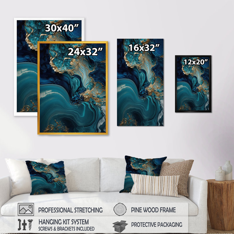 Géode abstraite turquoise I - art mural grand marbre abstrait, L 30 po x H 40 po, Impression dorée sur toile encadrée