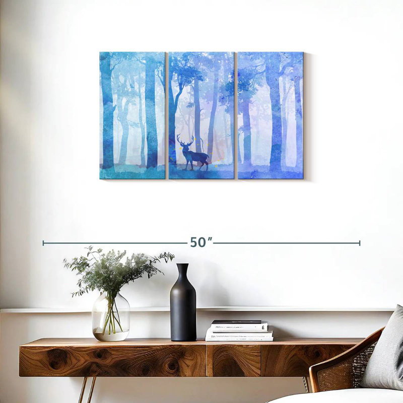 Aquarelle forêt de cerfs, H 20 po x l 33 po