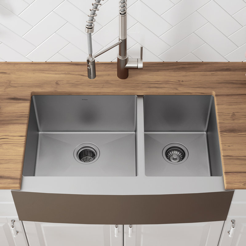 36-Inch Satin Stainless Steel Double Bowl Farmhouse Kitchen Sink
