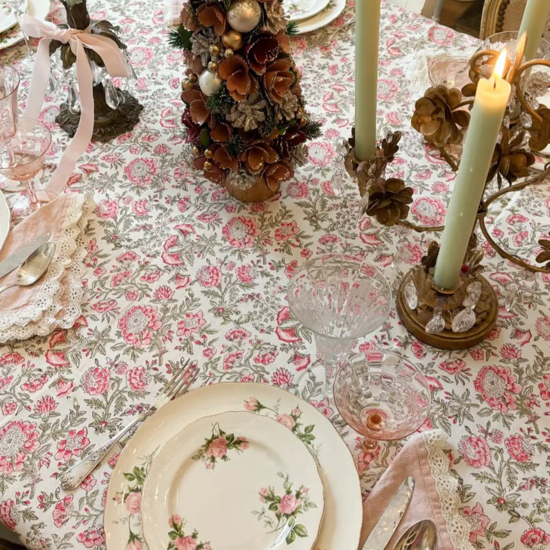 Beatrice Round Tablecloth - Pink And Green, 60" D x 120" L
