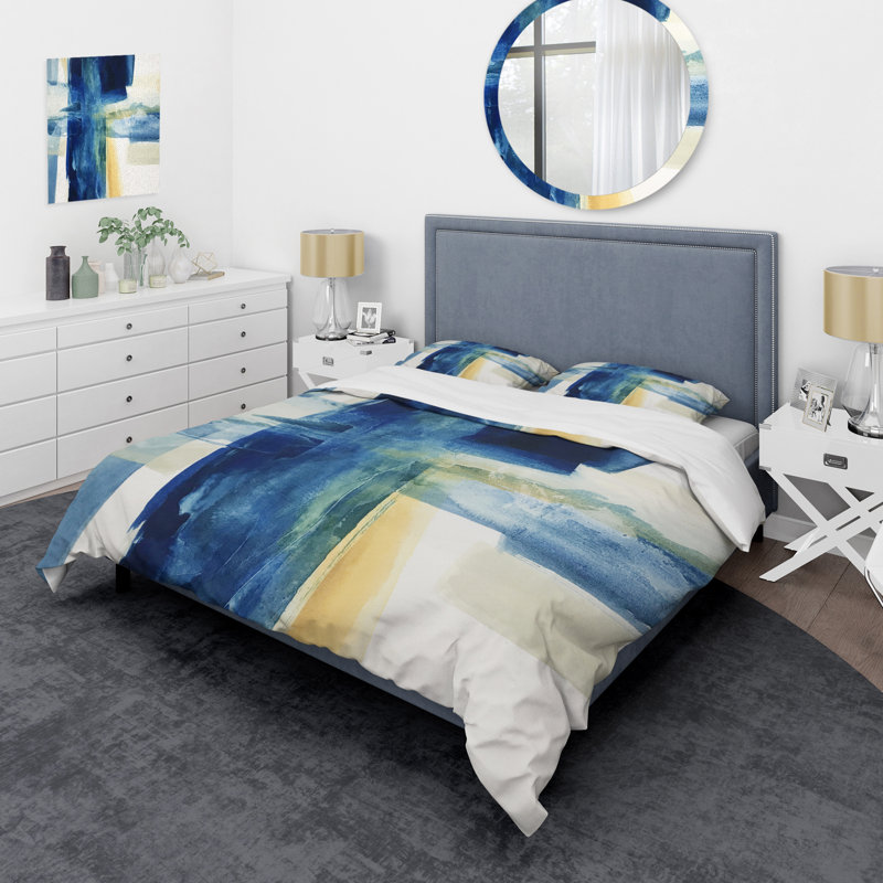 Indigo Panel VI - Glam Modern Duvet Cover Set - Microfiber Polyester, King Duvet Cover + 2 Shams