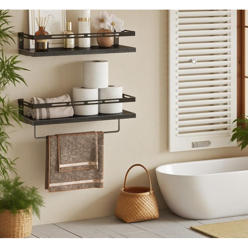 Floating Shelves With Towel Bar, Wall Mounted Bathroom Organizer Over Toilet, Space Saving Storage Shelves For Kitchen, Bedroom, Living Room