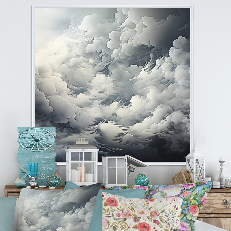Tempête de nuages noirs et blancs sur toile, Cadre flottant blanc, H 36 po x l 36 po x P 1,5 po