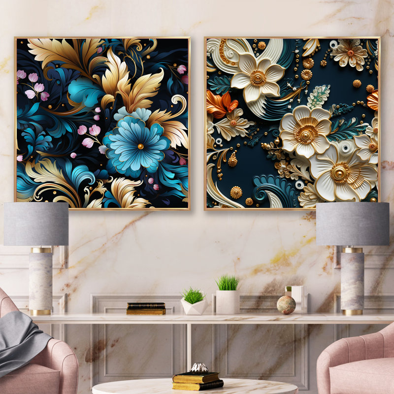 Keswick - Ensemble de 2 collages floraux et botaniques carrés, H 16 po x l 33 po, Cadre flottant doré