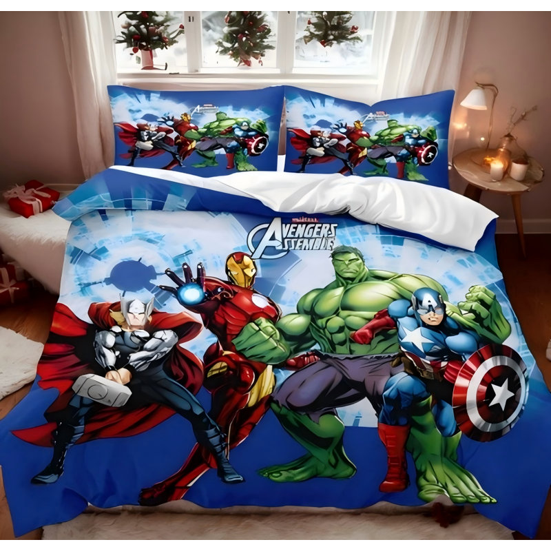 Ensemble de literie Marvel Avengers 4 pièces, cadeau idéal pour filles/garçons, enfants et adolescents, décoration de chambre, housse de couette en polyester, tailles Twin XL et Full.