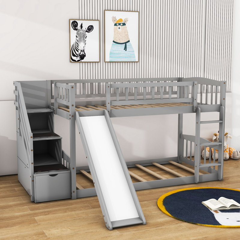 Twin Over Twin Wood Bunk Bed with Cabinet and Slide, Gray