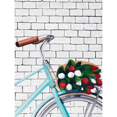 Vélo avec un bouquet de tulipes - décor de toile bleue