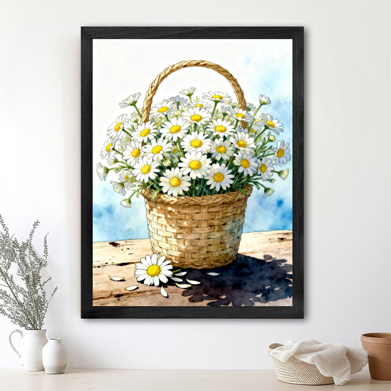 Art encadré noir, panier de fleurs rempli de marguerites, impressions de style rétro, H 11 po x l 9 po