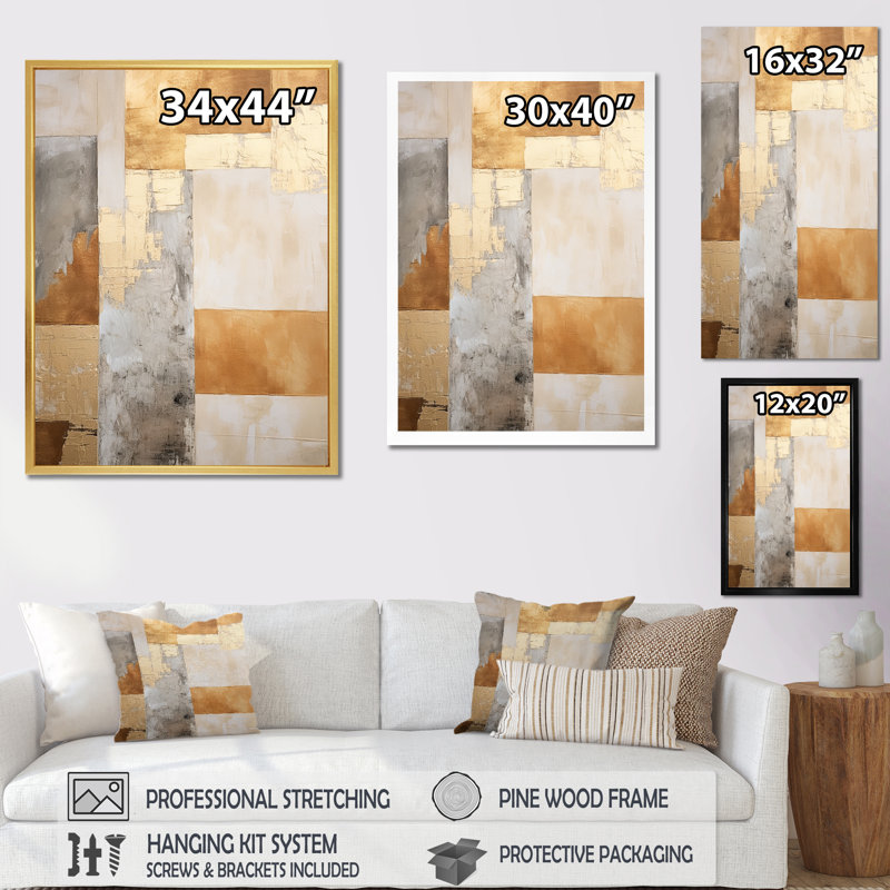 Art zen scandinave moderne beige et doré I, Cadre doré simple, H 32 po x l 16 po x P 1 po