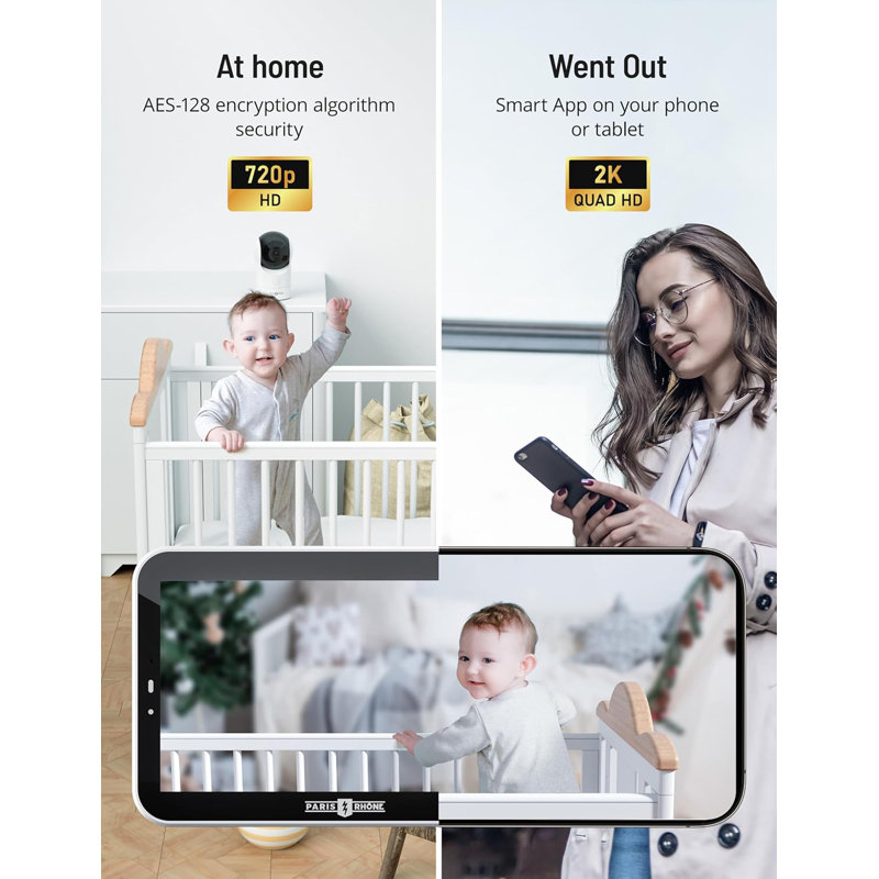 Paris Rhône 2K WiFi Baby Security Camera, Baby Monitor For Baby/pet/home Security, App Control, Motion And Cry Detection, Ai Tracking, Rgb Night Light, Three-way Aud