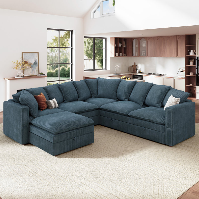  Canapé modulaire en velours côtelé avec rangement Wynter, Velours côtelé bleu, H 28,7 po x l 105,5 po x P 105,6 po