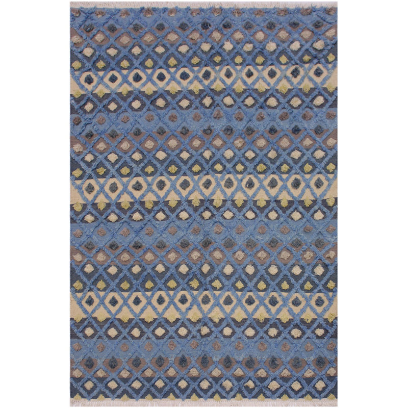 Tapis géométrique en laine noué à la main à motif géométrique bleu Madesen