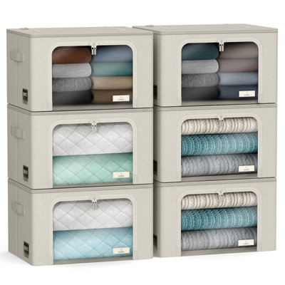 Sorbus Stackable Storage Bins, Fabric Organizer Bags with Window and Handles for Kids and Adults, 6Pk, Beige