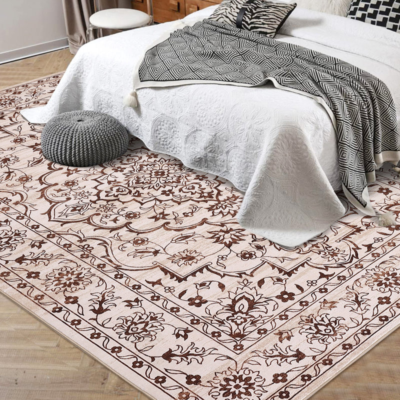 Washable Area Rug, Vintage Floral Medallion Low Pile Non Slip Foldable Indoor Carpet, Pearl Velvet, Camel Tone, 10'x13', Tan