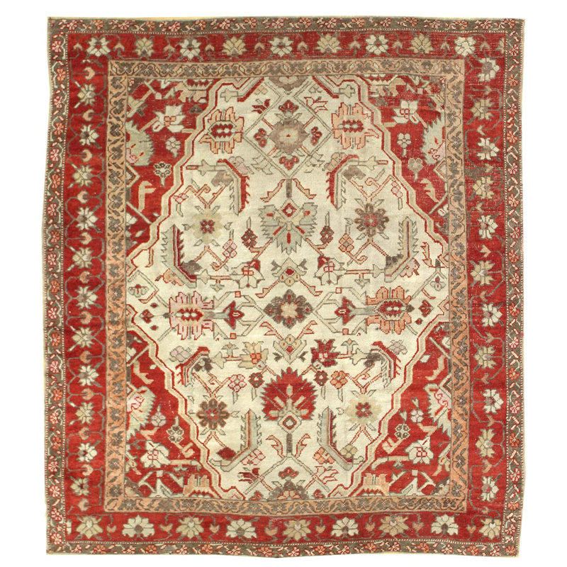 Tapis unique rouge / ivoire de 8 pi 2 po x 9 pi 8 po des années 1920