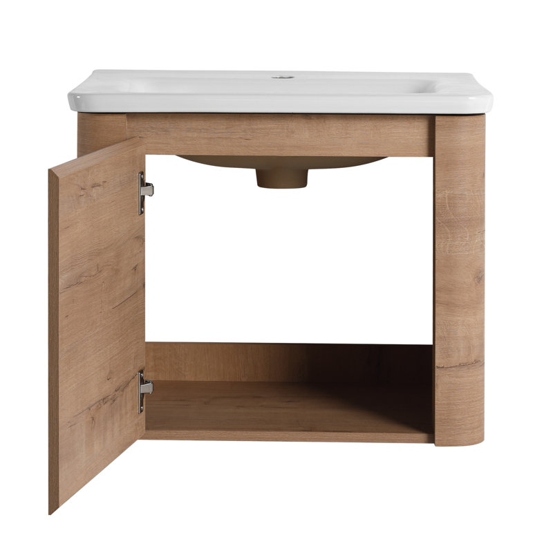 24" Wall Mounted Bathroom Vanity with Ceramic Sink, Single Door Cabinet, 24", Brown