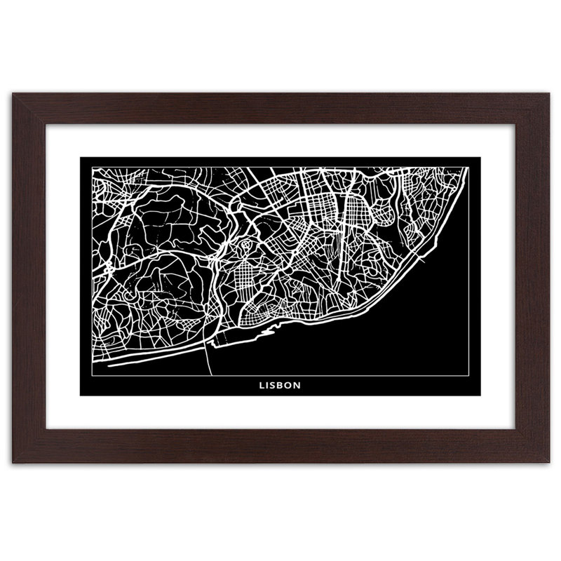 Lisbon City Map - Single Picture Frame Print, 70cm H x 100cm W, Brown