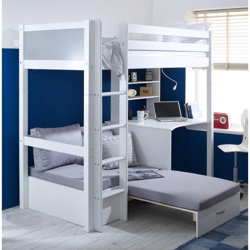 Solorzano European Single (90 x 200cm) High Sleeper Loft Bed Bed with Bookcase, White/Grey, Silver