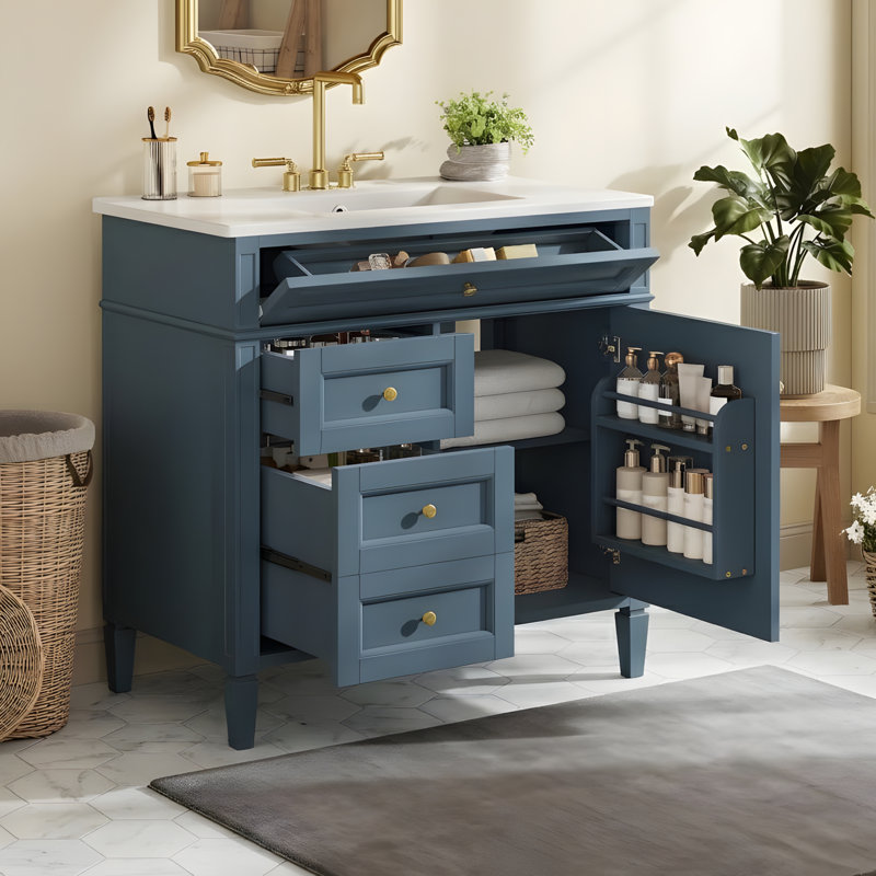 Meuble-lavabo de 36 pouces avec lavabo en céramique, Bleu indigo