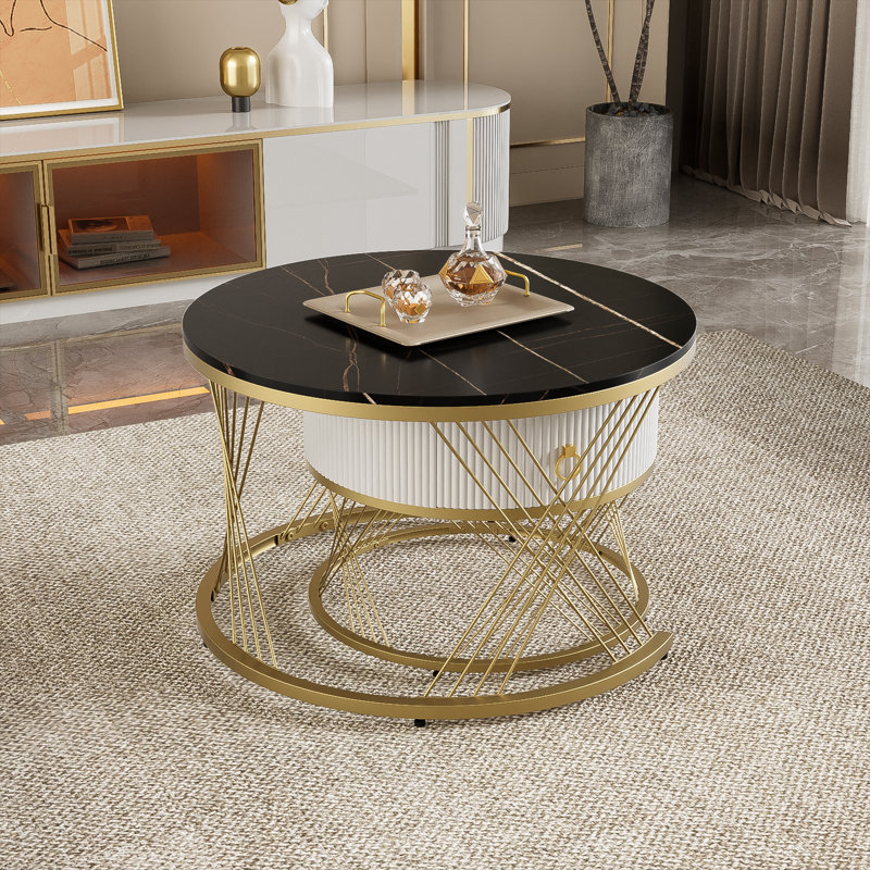 Round Nesting Coffee Table Set Marble Effect Drawer Gold Metal Legs Side End Units Living Room Furniture Base, White & Black