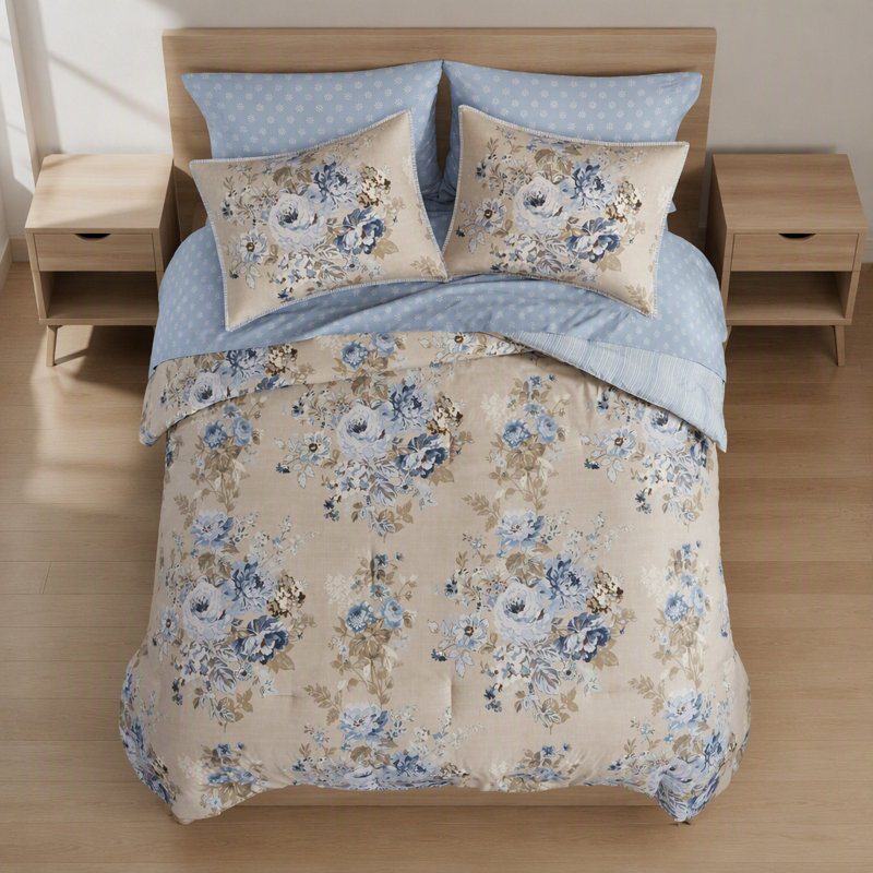 Ensemble de 7 pièces à motif floral grand format 7 pièces, beige / bleu, Édredon grand et 2 taies décoratives