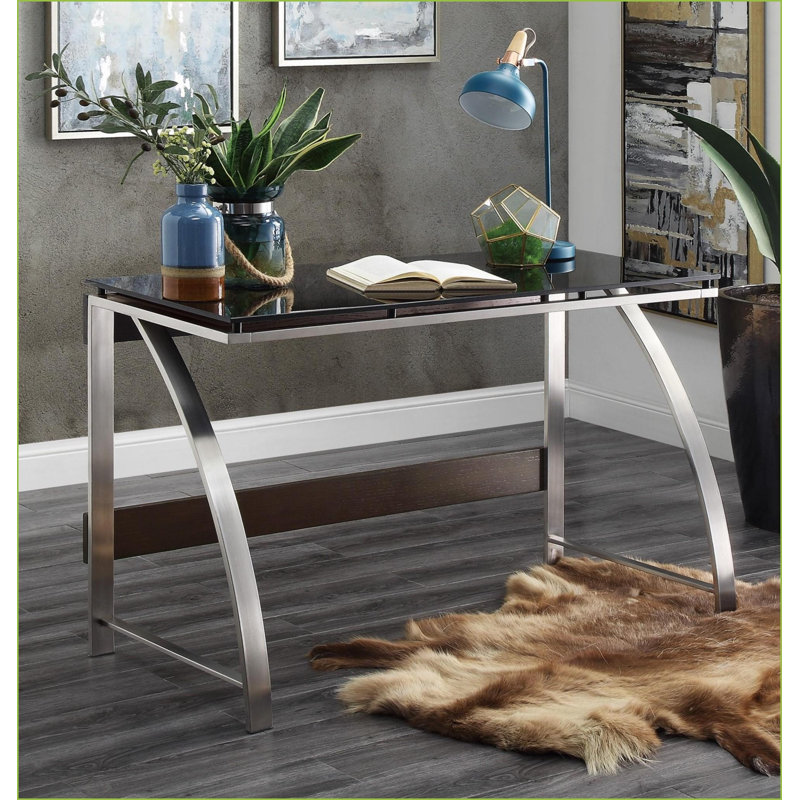 Bureau moderne avec plateau en verre avec cadre en acier inoxydable de 48 po | Espresso | Verre, acier inoxydable, bois