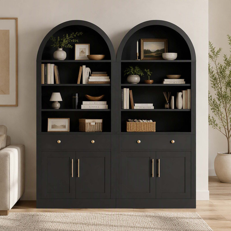 Bibliothèque haute cintrée avec portes à tiroirs et tablettes ajustables pour différents espaces, Black(2PC)