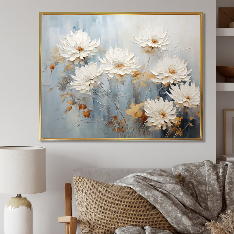 «White and Blue Chrysanthemums Painted Ink IV - Chrysanthemums», impressions d'art mural, H 34 po x l 44 po x P 1,5 po