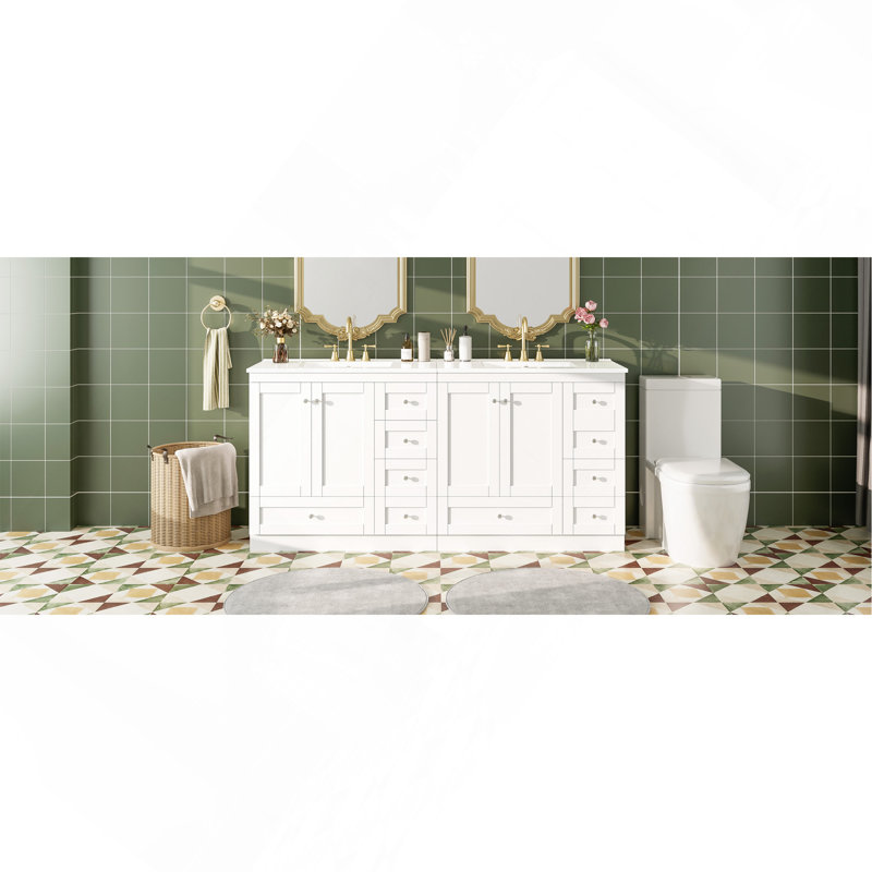 Meuble-lavabo autoportant de 72 po de style Shaker avec lavabo en céramique, tiroirs à fermeture en douceur et portes à fermeture en douceur