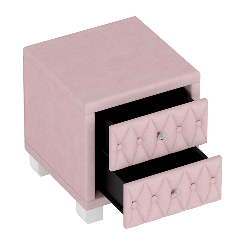 Élégante table de chevet en velours avec 2 tiroirs et poignée en cristal, table de chevet avec capitonnage à boutons, rose