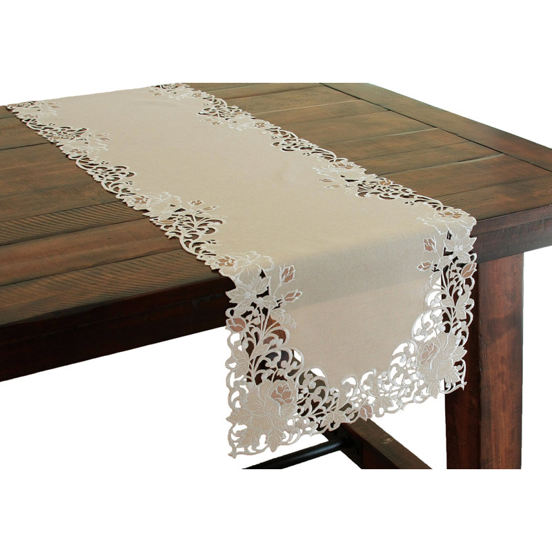 Scrolling Rose Embroidered Cutwork Table Runner, 54" W x 15" L