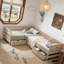 Lit plateforme simple en forme de L avec trois tiroirs de rangement