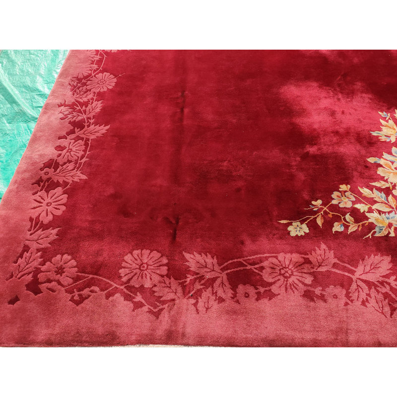 Chinese Room Size Antique 1920s Knotted - Art Deco Rectangle Wool Coral Rug