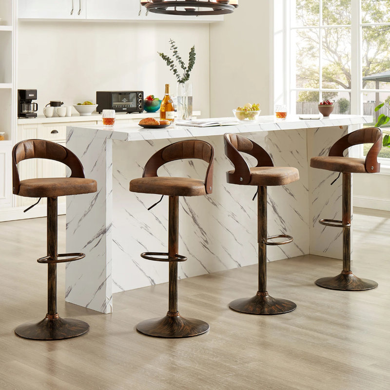 George Set of 4 Adjustable Height Bar Stools Mid-Century Modern Faux Leather Wood Chair 360° Swivel, Industrial Pedestal Base, for Kitchen, Counter, Home Bar