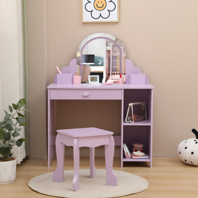 Kids Vanity Table with Mirror and Lights, Wooden Makeup Vanity Desk with Stool, Drawer, Shelves & Cubbies, Princess Dressing Table by Ivy Bronx