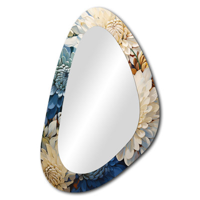 Norcross Simplicity Mums Bloom In Beige And Muted Blue VII - Mums Asymmetrical Decorative Wall Mirror, Traditional Unique Shape Mirror, Printed Metal Art