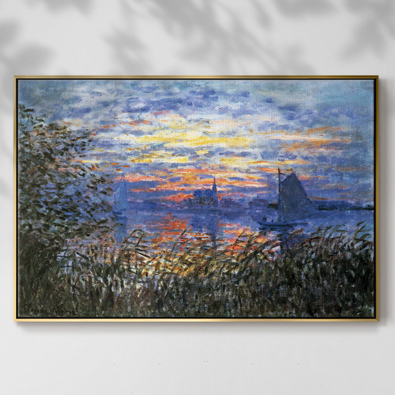 " Sunset On The Seine " by Claude Monet, Gold Floater Framed Canvas, 27" H x 41" W x 2" D